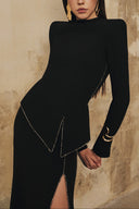 L' SCARLETT • Peplum High-Neck Crystal-Embellished Front-Slit Maxi Dress