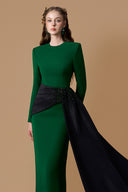Emerald Noir Asymmetric Draped Column Gown in Crepe & Taffeta for women, from IHF ATELIER, The Viet Concept 