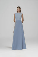 L' SCARLETT • Blue 3D Crystal Floral Embellished Poly Crepe Maxi Dress