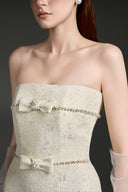 Lacquered Brocade Pearl Column Gown with Crystal Chain Sleeves for women, from IHF STUDIO, The Viet Concept 