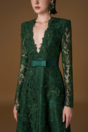 Emerald Green V-Neck A-Line Guipure Lace Long Sleeve Gown for women, from IHF ATELIER, The Viet Concept 