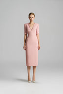 Pastel Pink V Neck Bodycon Midi Dress with Crystal Embellished Neckline for women, from IHF STUDIO, The Viet Concept 