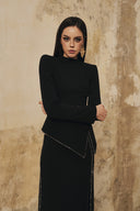 L' SCARLETT • Peplum High-Neck Crystal-Embellished Front-Slit Maxi Dress