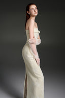 Lacquered Brocade Pearl Column Gown with Crystal Chain Sleeves for women, from IHF STUDIO, The Viet Concept 