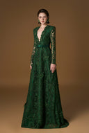 Emerald Green V-Neck A-Line Guipure Lace Long Sleeve Gown for women, from IHF ATELIER, The Viet Concept 