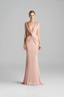 Rosé Crystal Neckline Twisted Drape Jersey Maxi Gown for women, from IHF STUDIO, The Viet Concept 