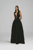 L' SCARLETT • Flared V-Neck 3D Crystal Flower Jacquard Maxi Dress