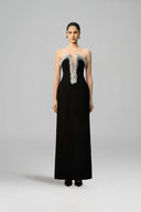 EEGEN STUDIO • Black Strapless Column Dress with Silver Fringe