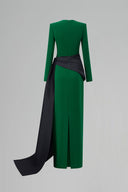 Emerald Noir Asymmetric Draped Column Gown in Crepe & Taffeta for women, from IHF ATELIER, The Viet Concept 