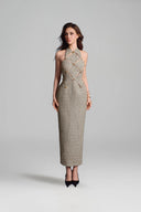 KEIRA TONG • Checkered Metallic Tweed Cut-Out Sleeveless Maxi Dress