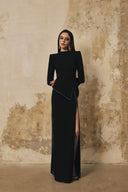 L' SCARLETT • Peplum High-Neck Crystal-Embellished Front-Slit Maxi Dress