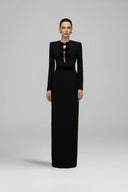 Black V-Cut Column Gown with Velvet Bow Crystal Embellishments for women, from IHF ATELIER, The Viet Concept 
