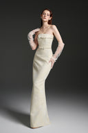 Lacquered Brocade Pearl Column Gown with Crystal Chain Sleeves for women, from IHF STUDIO, The Viet Concept 