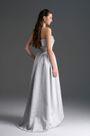 IHF STUDIO • Light Grey Silk Taffeta Crystal Embellished Mullet A-Line Dress