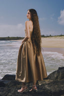 The Wood Moon Brooch Taffeta A-Line Midi Dress for women, from LINH PHUNG, The Viet Concept