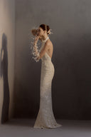 HA THANH VIET • Crystal Embellished Sequin Knit Chiffon-Inspired Evening Dress