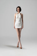HUELLEY ROSE • Hyo Silk Brocade Halter Open-Back Asymmetric Mini Dress