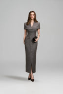 KEIRA TONG • Gray Linen Cape Button-Embellished Pencil Dress