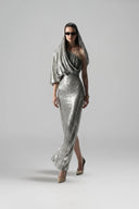 Lustre Champagne Metallic Satin Lamé Draped Off-Shoulder Gown for women, from SORAMAME, The Viet Concept