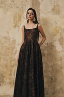L' SCARLETT • Flared Crystal-Beaded Glitter Lace U-Neck Maxi Dress