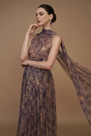 Bottle Neck Purple Tie-Dye Metallic Chiffon A-Line Gown Ruffle Train for women, from IHF ATELIER, The Viet Concept 