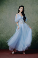 Orchidée Baby Blue Tulle Corset Midi Dress for women, from LINH PHUNG, The Viet Concept