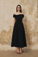 L' SCARLETT • Crystal Draped Off-Shoulder Flared Midi Dress