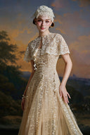 MADDY HATES ROSE • Vespera Champagne Lace & Tulle Floor-Length Gown