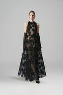 ARTI APPAREL • Lunara Hand-Beaded Feather Lace Luxury Dress