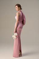 Pink Satin Silk Asymmetric Pleated Halter Gown for women, from IHF ATELIER, The Viet Concept