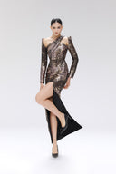 Sublunar Copper Brocade Asymmetrical Dress for women, from SORAMAME, The Viet Concept