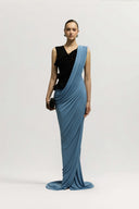 Rivoli Dress Ruffled V Neck Crepe Jersey Gown for women, from JENNY K TRAN, The Viet Concept 