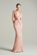 Rosé Crystal Neckline Twisted Drape Jersey Maxi Gown for women, from IHF STUDIO, The Viet Concept 