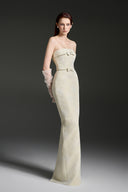 Lacquered Brocade Pearl Column Gown with Crystal Chain Sleeves for women, from IHF STUDIO, The Viet Concept 