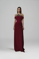 L' SCARLETT • Scarlet Floral Crystal-Beaded Off-Shoulder Poly Crepe Maxi Dress