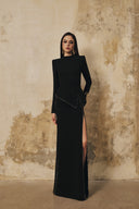 L' SCARLETT • Peplum High-Neck Crystal-Embellished Front-Slit Maxi Dress