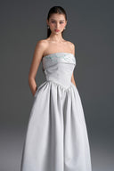 IHF STUDIO • Light Grey Silk Taffeta Crystal Embellished Mullet A-Line Dress
