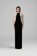 Black Ivory Crepe & Silk Column Gown With Cape Sleeves & Bow for women, from IHF ATELIER, The Viet Concept 