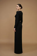 Black V-Cut Column Gown with Velvet Bow Crystal Embellishments for women, from IHF ATELIER, The Viet Concept 