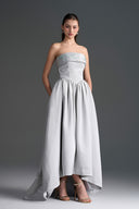 IHF STUDIO • Light Grey Silk Taffeta Crystal Embellished Mullet A-Line Dress