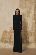 L' SCARLETT • Peplum High-Neck Crystal-Embellished Front-Slit Maxi Dress