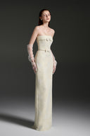 Lacquered Brocade Pearl Column Gown with Crystal Chain Sleeves for women, from IHF STUDIO, The Viet Concept 