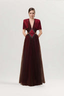 Crimson Pleated Plunge Maxi Gown for women, from JOSEPHINE, The Viet Concept 