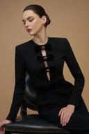 Black V-Cut Column Gown with Velvet Bow Crystal Embellishments for women, from IHF ATELIER, The Viet Concept 