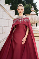 TRACY COUTURE • Crystal Embellished Sheer Cape Sleeve Silk Gown