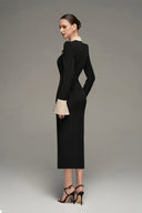 Black Crepe Wing-Cuff Midi Dress With Beige Cuffs Luxury Bodycon for women, from IHF STUDIO, The Viet Concept 