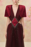 Crimson Pleated Plunge Maxi Gown for women, from JOSEPHINE, The Viet Concept 