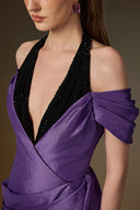 IHF ATELIER • Violet Noir Asymmetric Draped V-Neck Column Gown