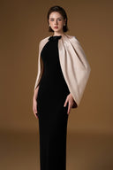 Black Ivory Crepe & Silk Column Gown With Cape Sleeves & Bow for women, from IHF ATELIER, The Viet Concept 