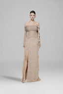 L'ALLÉE • Feathered Off-Shoulder Maxi Dress